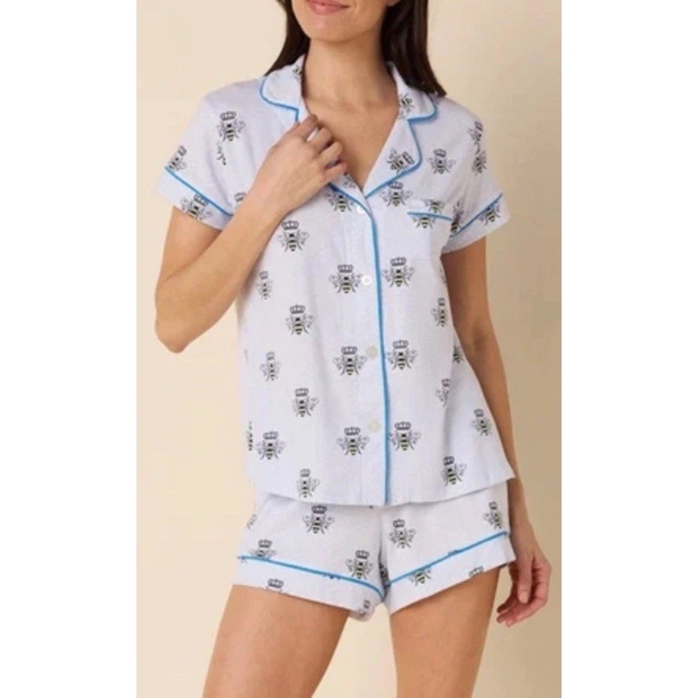 The Cats Pajamas Set Queen Bee Pima Shorts & Short Sleeve Top Small Cream & Blue